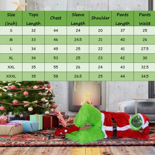 Vista 4 de iBccly Disfraz de monstruo verde 7 unidades máscara de sonrisa y sombrero de Navidad pantalones peludos traje de Papá Noel atuendo verde para adultos