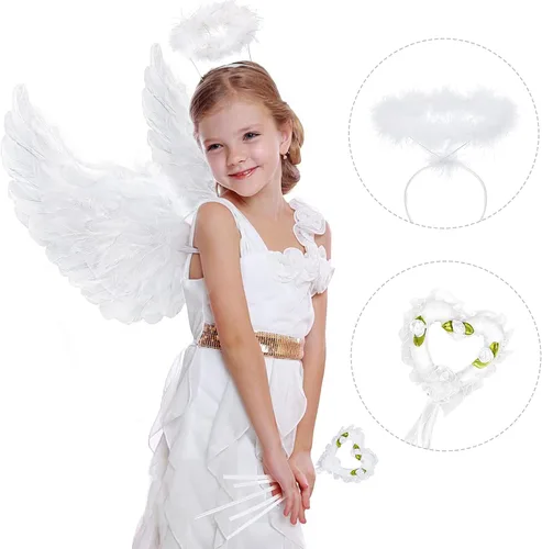 Vista 2 de Latocos Alas de ángel y halo para adultos alas de ángel blancas para niños con varita disfraz de Halloween juego de simulación para mujeres niñas