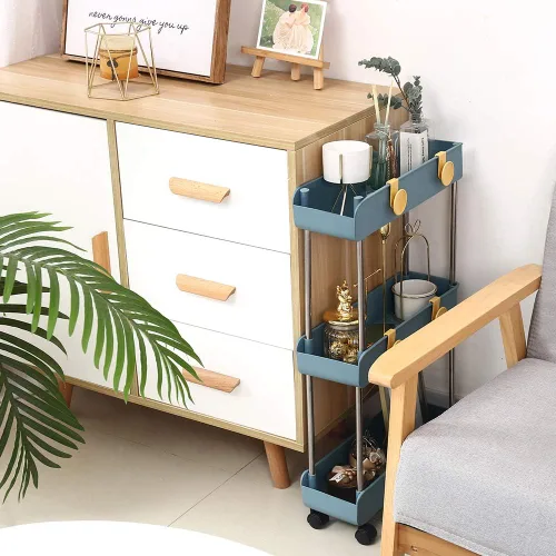 Vista 2 de Melody House - Estantería móvil delgada de 3 niveles sobre ruedas, organizador de almacenamiento de baño rodante, carrito de utilidad, estante