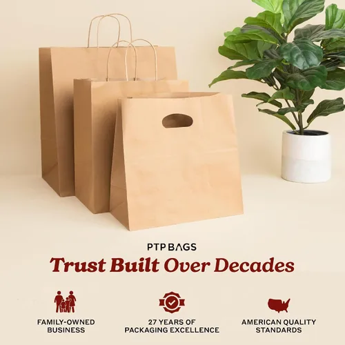 Vista 7 de PTP Bags Bolsas de papel kraft de 8 x 4.75 x 10.5 pulgadas, bolsa reciclable de 3.53 oz/m² con asas reforzadas para regalos de boutique, compras al