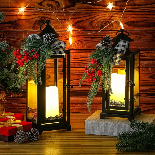 Vista 4 de Baquler 2 faroles de metal negros de Navidad y velas LED falsas de 12 y 15 pulgadas, faroles decorativos con adorno de Navidad para porche