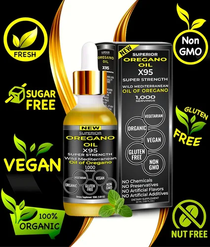 Vista 3 de Gotas de aceite de orégano orgánico – 1,000 porciones, suministro para 12 meses, aceite silvestre de orégano 9X Carvacrol, apoyo inmunológico