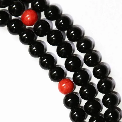 Vista 3 de Mala de ónix negro con cuentas espaciadoras de ónix rojo, Mala tibetana y budista, 108 cuentas