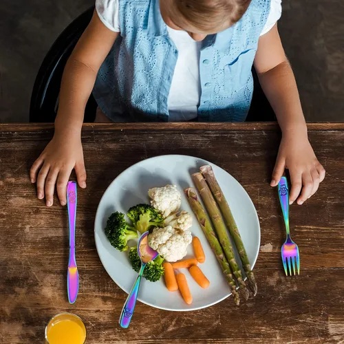 Vista 5 de Cubiertos de acero inoxidable para niños, 9 piezas, cubiertos seguros para niños y niños, cubiertos para niños, juego de utensilios para niños