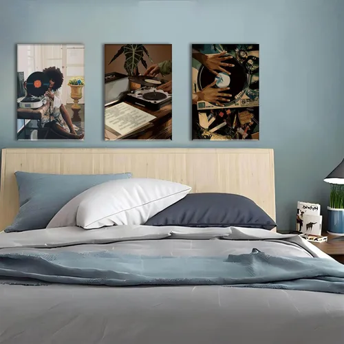 Vista 2 de AOYUSMO 3 piezas de arte de pared de niña negra afroamericana, decoración de pared para mujer negra, arte de música, cuadros de DJ, pinturas