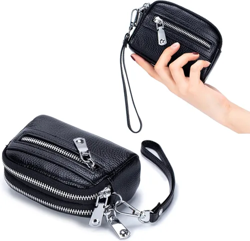 Vista 5 de Cartera de cuero genuino con correa para la muñeca, Negro