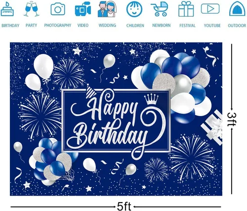 Vista 2 de Telón de fondo de cumpleaños azul y plateado con purpurina para fuegos artificiales, fondo de fotos para niños, hombres y mujeres, patio grande