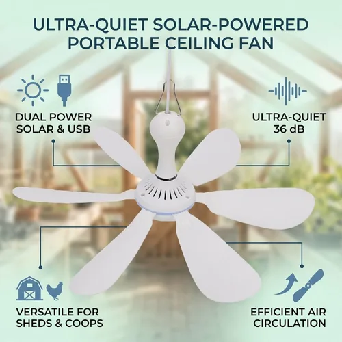 Vista 6 de Ventilador de techo solar 5V 10W Dual Power USB