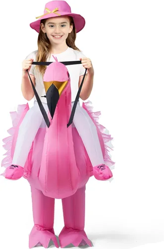 Vista 5 de Spooktacular Creations Disfraz inflable para niños, color rosa montando un elegante flamenco, disfraz de flamenco para Halloween, divertido traje