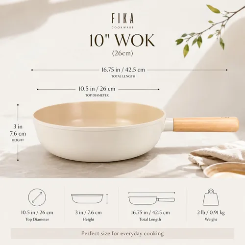 Vista 3 de FIKA - Sartén para wok con revestimiento de cerámica antiadherente de 10 pulgadas con mango de madera natural, compatible con inducción, sartén
