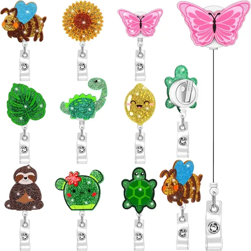 Vista 13 de Yexiya 9 piezas de portacarretes de insignias navideñas de acrílico retráctil con brillos y purpurina, carretes de insignias para días festivos