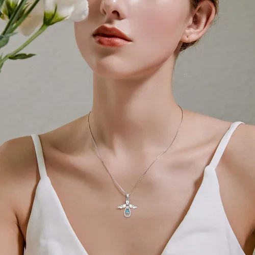 Vista 4 de FJ Collar de ángel de plata de ley con dije de corazón de ángel de amor infinito, gota de lágrima AAA para mujer, Circonia cúbica