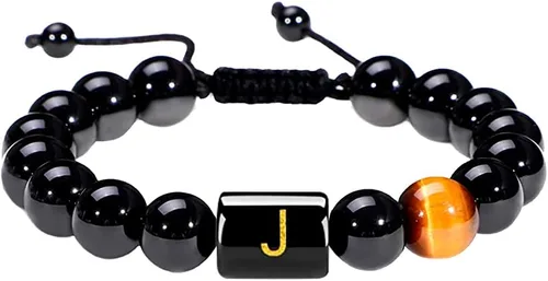Vista 46 de SUMMER LOVE Regalos para el Día del Padre, pulsera con inicial de piedra de ónix negro de 0.394 pulgadas para hombres, pulsera de cuerda trenzada