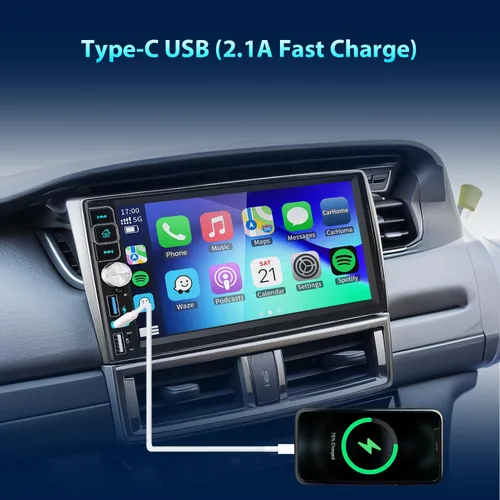 Vista 3 de Estéreo para coche de doble din, 7 pulgadas, pantalla táctil inalámbrica CarPlay/Android Auto Bluetooth, radio AM/FM, USB tipo C