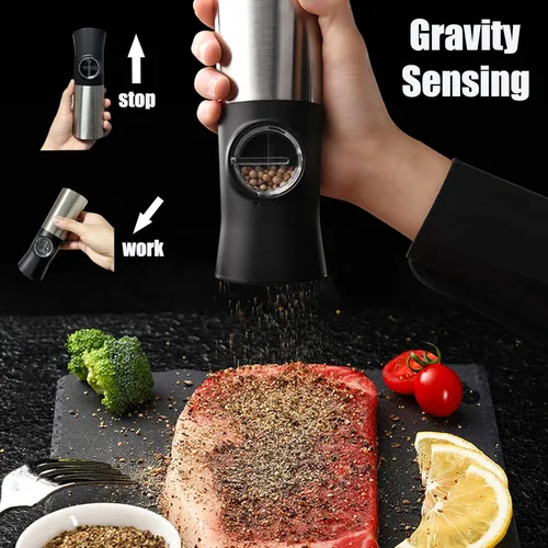 Vista 3 de Gravity - Juego de molinillo eléctrico de sal y pimienta con pilas, juego automático de molinillo de sal y pimienta con cubierta a prueba de polvo