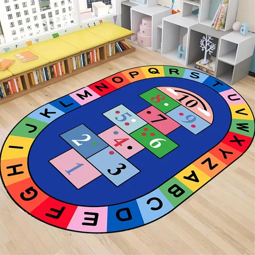 Vista 17 de Tapete de aprendizaje educativo para niños, 3 x 4 pies, tapete decorativo con diseño de planeta y alfabeto ABC, ovalado, grande, antideslizante
