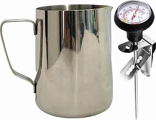Vista 11 de Jarra de espuma de leche de 21 oz (20.3 fl oz) con termómetro integrado, jarra Latte Art de acero inoxidable, jarra de crema de temperatura expreso
