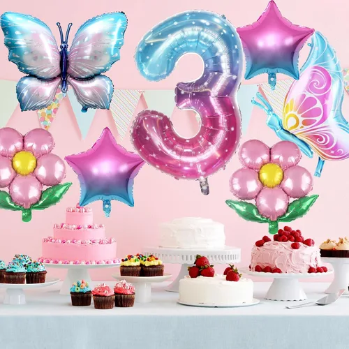 Vista 6 de Sowide Globo de mariposa para decoraciones de tercer cumpleaños, globos de mariposa, globos de mariposa rosa degradada, globo de Mylar