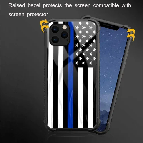 Vista 3 de ZHEGAILIAN Funda compatible con iPhone 12 Pro Max, funda de bandera estadounidense de línea azul, parte trasera de vidrio templado + funda Blue Line