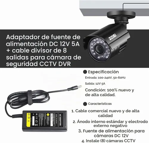 Vista 5 de Fancy Buying Adaptador de corriente para cámara de seguridad, 12 V, 5 A, 100 V-240 V CA a CC, cable divisor de alimentación de 8 vías, certificado