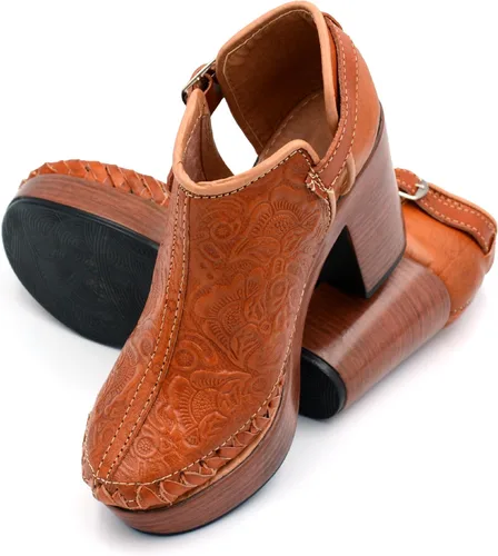 Vista 4 de Botines de piel auténtica grabados mexicanos con correa para mujer - Modelo 490