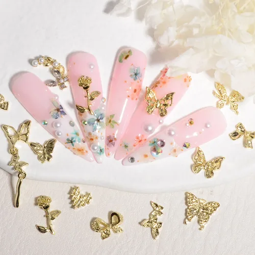 Vista 8 de Nail Art Studs 3D Nail Charms Sparkle Butterfly Nail Charms Gold Studs Rhinstones Pearl Mix Shape Butterfly Flower 3D Nail Jewelry Studs Decor Kit