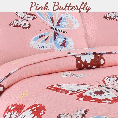 Vista 2 de Cozy Line Home Fashions Juego de colcha reversible de microfibra rosa para niñas (mariposas, tamaño individual, 2 piezas)