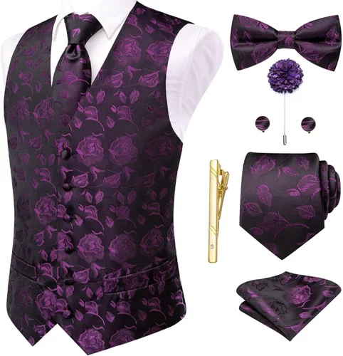Vista 34 de Hi-Tie Chaleco de traje de seda para hombre, corbata y corbatín de solapa, clip de corbata dorado, chaleco floral de cachemira, 8 piezas, conjunto