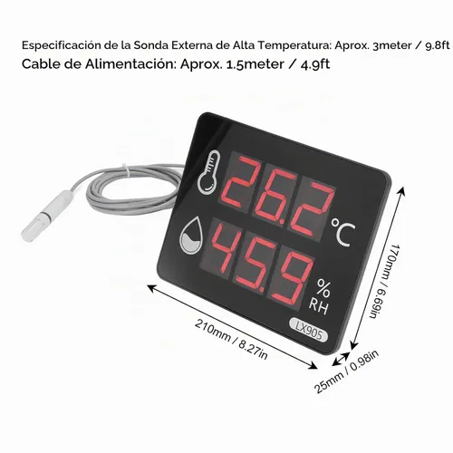 Vista 2 de Medidor de humedad de temperatura digital con sonda externa Pantalla LED termómetro higrómetro