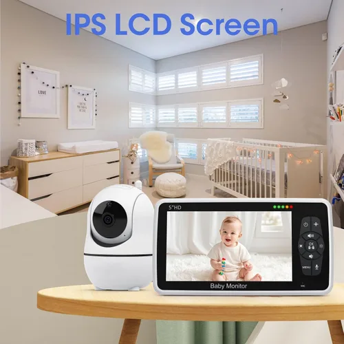 Vista 2 de Babystar Monitor de bebé con cámara y audio, resolución HD 720P, pantalla de 5 pulgadas, 4000 mAh hasta 22 horas de batería, zoom panorámico remoto