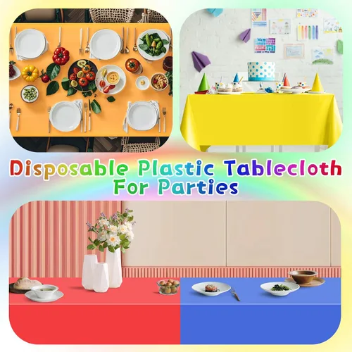 Vista 4 de Mwellewm 6 manteles de plástico desechables, mantel de arcoíris de colores surtidos, rectangular de neón colorido a granel sólido para cumpleaños