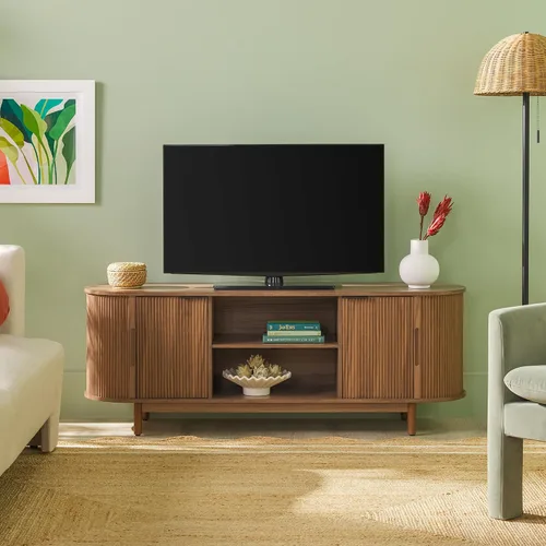 Vista 9 de Walker Edison Chloe - Soporte de TV curvo con junco, puertas correderas, 75 pulgadas, 70 pulgadas, roble costero