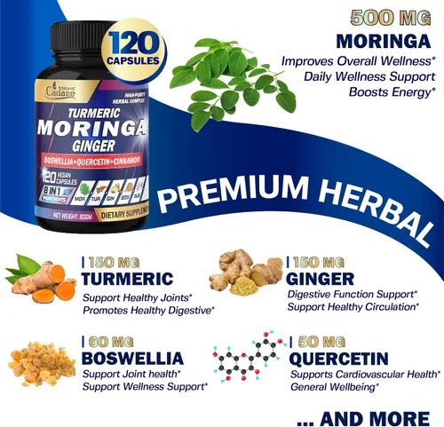 Vista 4 de Organic Cadane Suplemento de hoja de moringa, cúrcuma, jengibre, suministro de 2 meses, 120 cápsulas veganas
