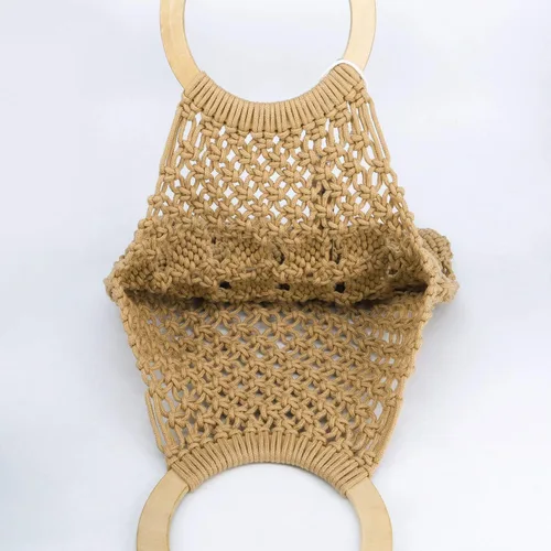 Vista 7 de Boho - Bolso de mano de algodón tejido a mano con mango redondo de madera (caqui), Blanco, caqui., 12.2''x 12.2