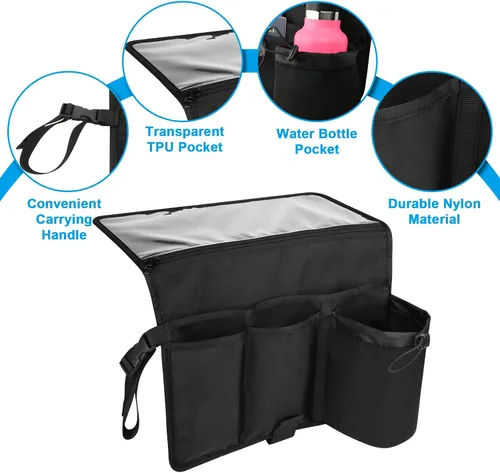 Vista 5 de Cosmos Organizador de respaldo de asiento de avión, artículos esenciales de viaje, bolsa de almacenamiento para asiento de aerolínea, bolsillos