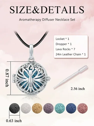 Vista 7 de KZX Collar difusor de aceite esencial para mujer, colgante de bola de aromaterapia, regalo de joyería para madres novias, 7 piezas de rocas de lava