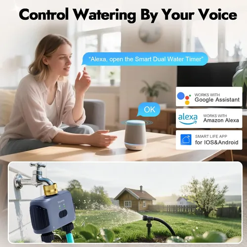 Vista 5 de Temporizador de agua WiFi de 2 zonas, entrada de latón, temporizador de aspersor para manguera de jardín, control remoto por aplicación