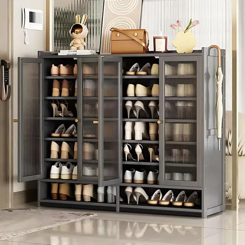 Vista 4 de Zapatero de 8 niveles con puertas, armario grande de almacenamiento de zapatos para entrada, organizador de zapatos de bambú para 36-40 pares