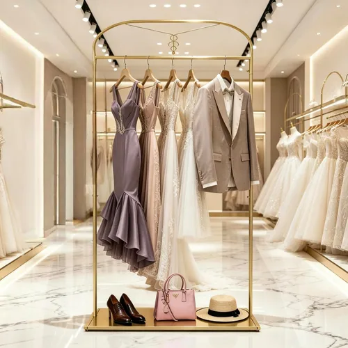 Vista 3 de 91" estante alto de la ropa del oro con los estantes, estante largo del vestido de la ejecución Estantes de ropa nupcial, organizador para tienda