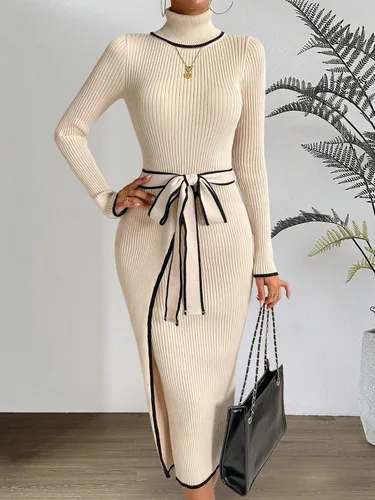 Vista 4 de MakeMeChic Elegante vestido de suéter de manga larga con cinturón de cuello alto a rayas para mujer