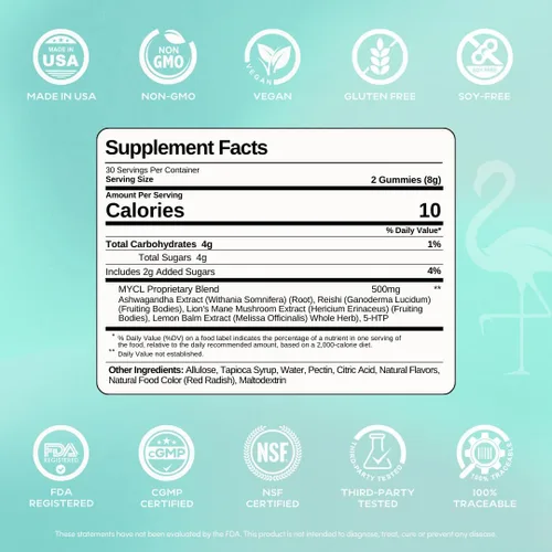 Vista 3 de MYCL Bliss - Gomitas de hongos 500 mg de Ashwagandha, Reishi, melena de león, bálsamo de limón y cuerpo fructífero entero de 5 HTP Alivio
