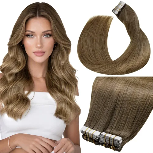 Vista 24 de LaaVoo - Extensiones de cabello humano con cinta adhesiva, color marrón a rubio ceniza, extensiones de cabello humano real, cintas en extensiones