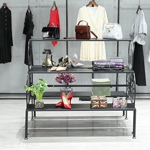Vista 5 de Mesas de exhibición al por menor para tienda de zapatos, estantes de almacenamiento trapezoidales de piso a techo, estantes de varios niveles