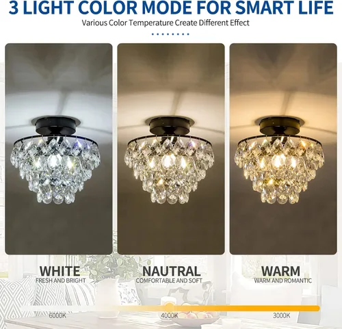 Vista 5 de CM MZY Lámpara de techo moderna de cristal pequeña, lámpara de techo semiempotrada color negro mate, mini candelabros de cristal para pasillo