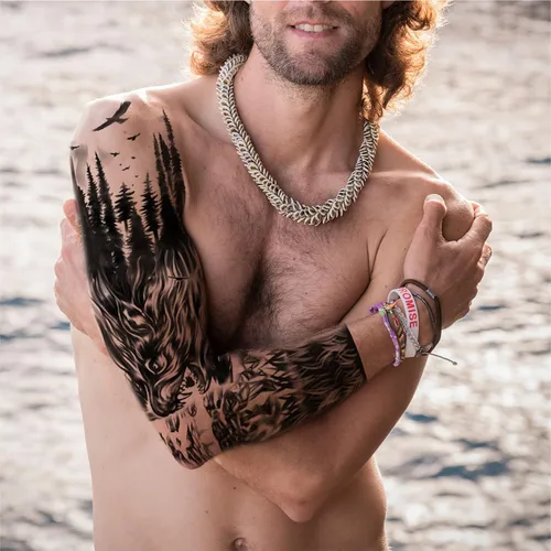 Vista 6 de Mangas temporales de tatuaje de bosque, brazo completo, lobo grande, león, animal, bosque, tribal, tatuajes falsos para hombres, mujeres y adultos
