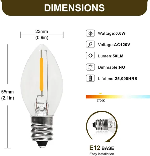 Vista 2 de C7 0.6W 2700K Bombilla LED con base de candelabro estándar E12, luz nocturna de repuesto de 6
