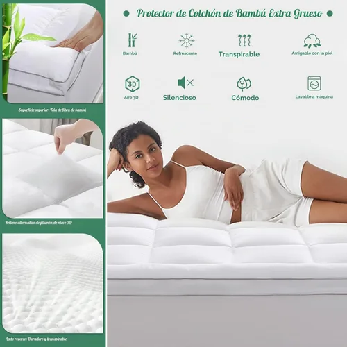 Vista 2 de GRT Cubrecolchón tipo almohada Individual, de rayón con cubierta de bambú, acolchado con relleno alternativo de plumón 3D de 900gsm, colchón
