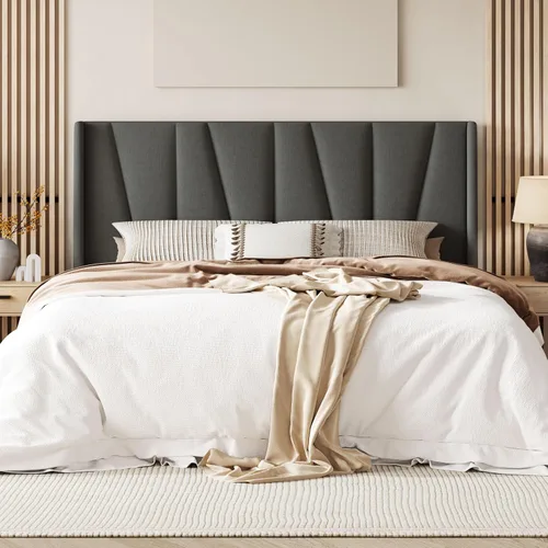 Vista 13 de Allewie Base de cama de plataforma tamaño Queen con cabecera geométrica con respaldo de alas, cama tapizada bohemia con soporte de listones de Beige