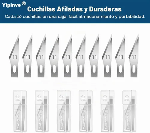 Vista 5 de Cuchillo Exacto, 2 cuchillos Exacto con 60 cuchillas Exacto #11, cuchillo de manualidades, cuchillo de pasatiempo, juego de cuchillos Exacto