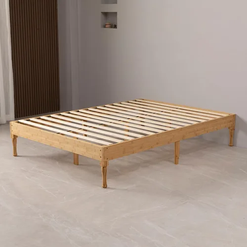 Vista 4 de Marco de cama de plataforma de madera de bambú/soporte de listones de madera/no necesita somier/fácil montaje, naturaleza, completo